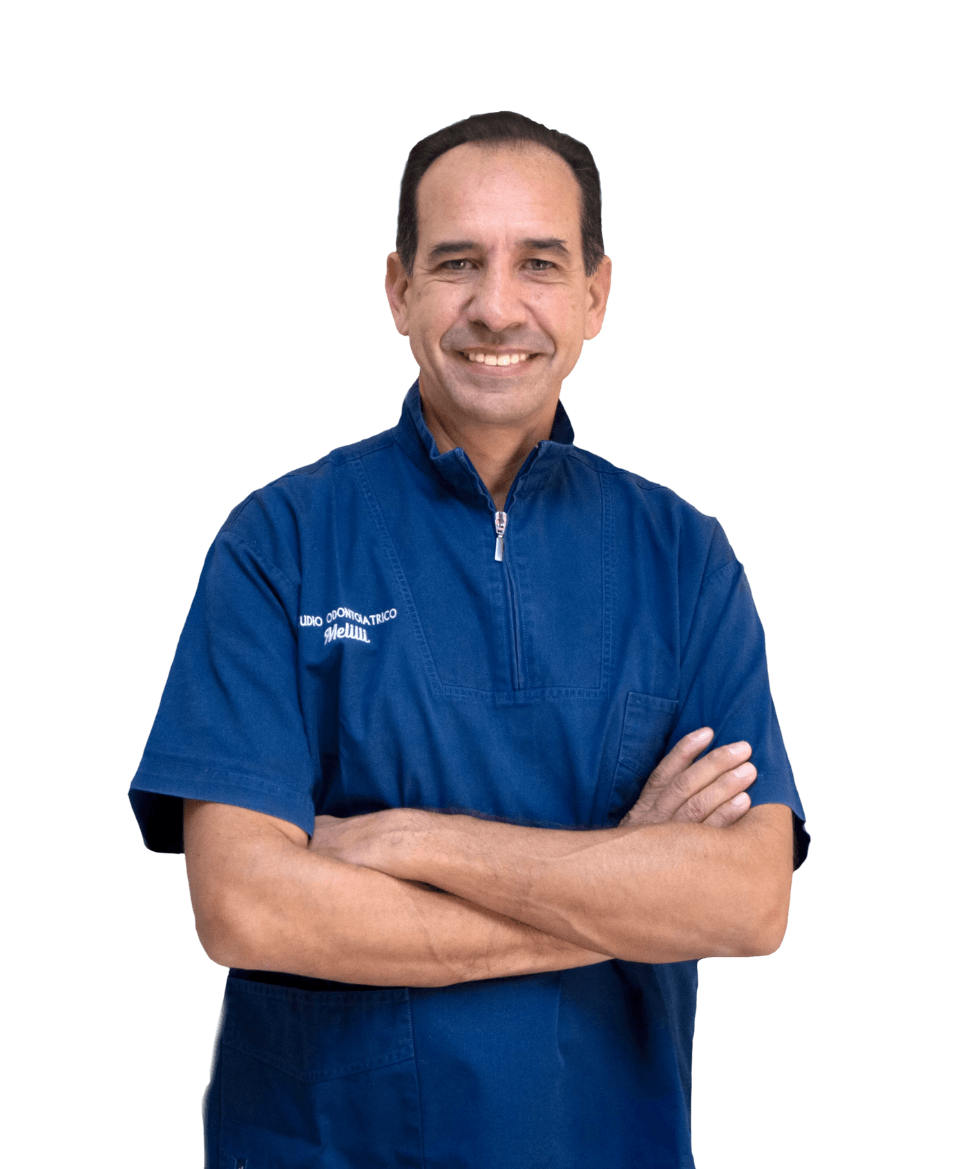 Ritratto del dott. Dario Melilli, sorridente, in divisa blu con il logo dello studio