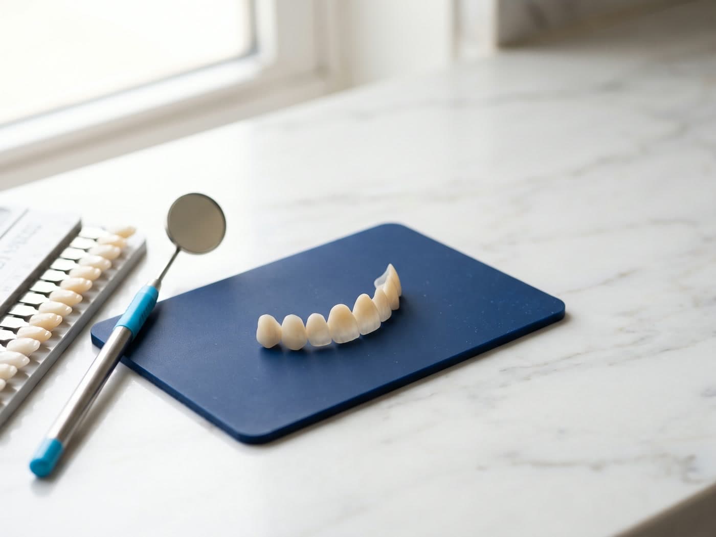 Faccette in ceramica disposte ad arco su un tappetino blu, con una scala colori e uno specchietto